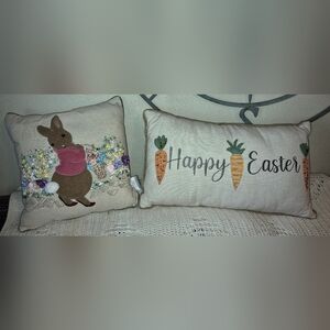 Set of 2 EASTER PILLOWS, 3D BUNNY W/ SEWN ON FLOWERS & BEADED CARROTS PILLOW